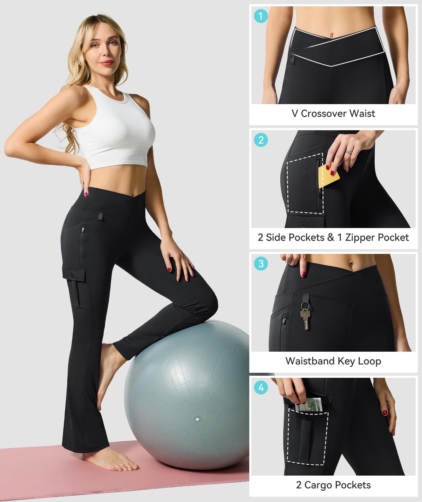 Casei Women's Yoga Flare Leggings 5 Pockets Crossover High Waisted Stretch Cargo Pants Workout Travel Scrub,Black(L)