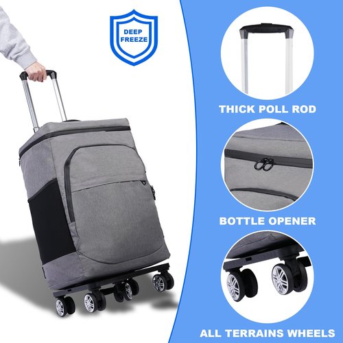Cooler Bag Wheeled，Large Removable Insulated Rolling Cooler Collapsible Leakproof Portable Hard Framed Ice Packs for Camping Picnic Beach Travel（Gray）