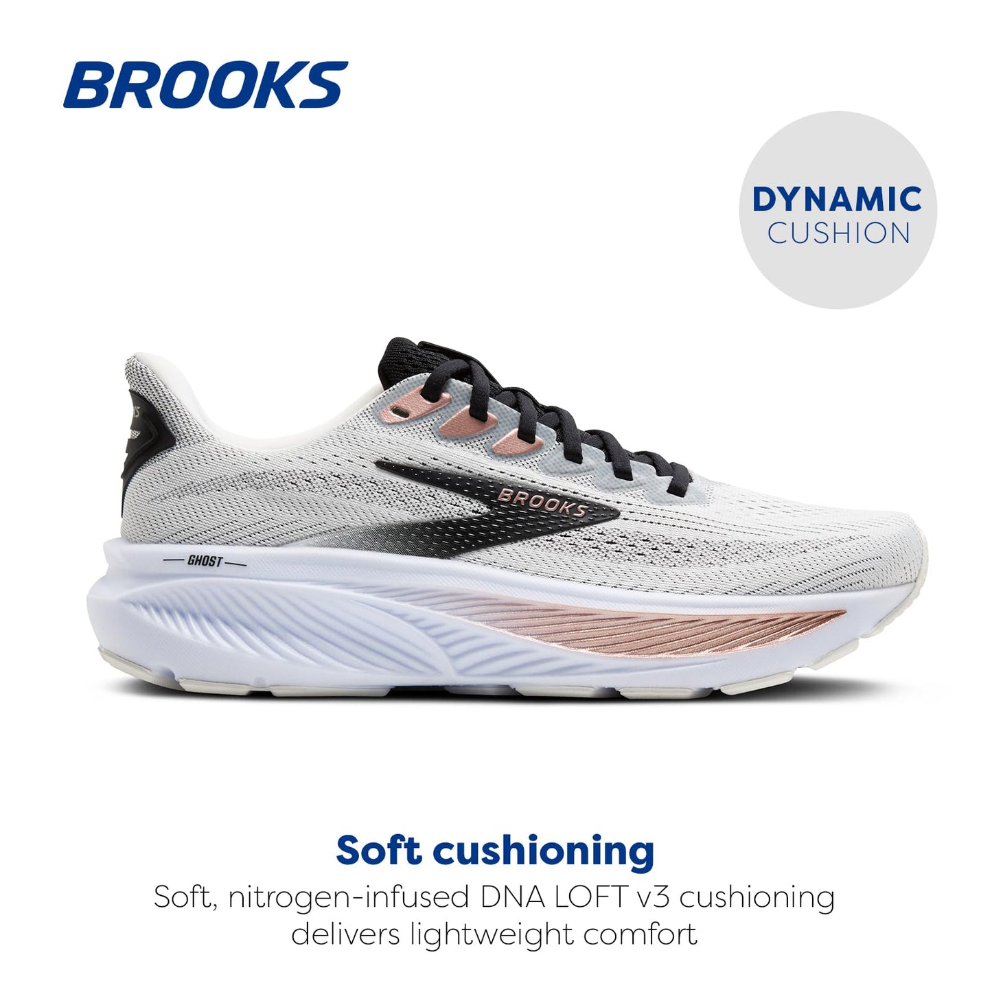 Brooks Women’s Ghost 17 Neutral Running Shoe - White/Black/Rose Gold - 9.5 Medium