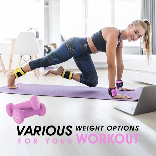 Yes4All Workout Weights Sets: Ankle Weights (1.5lbs x2) with Adjustable Strap and Neoprene Coated Dumbbell Hand Weight (2lbs x2) - for Women & Men in Jogging, Running, Aerobics, Cardio Routine