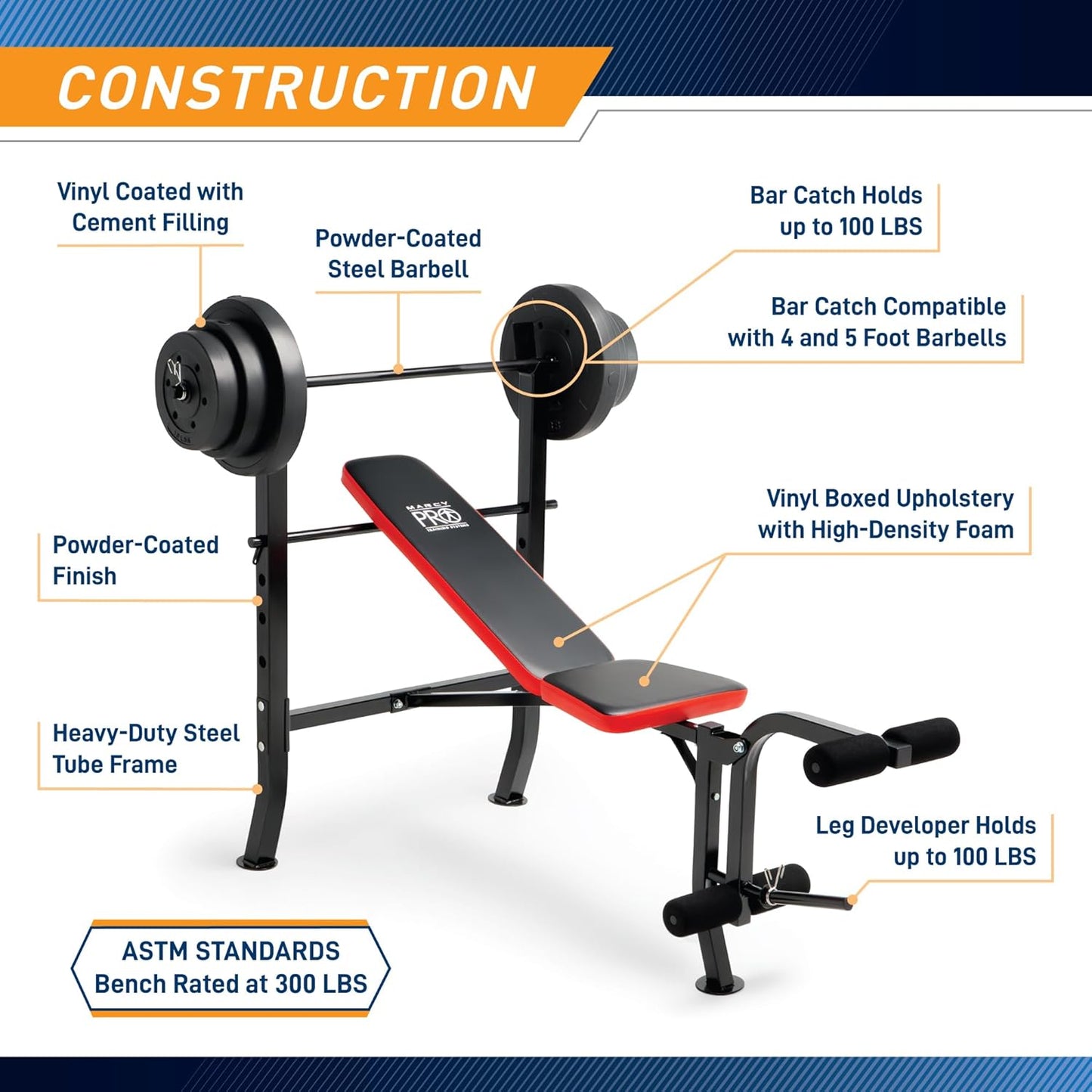 Marcy Standard Weight Bench with 80lbs to 100 lbs Vinyl-Coated Weight Set for Strength Training, Weight Lifting for Personal Home Gym