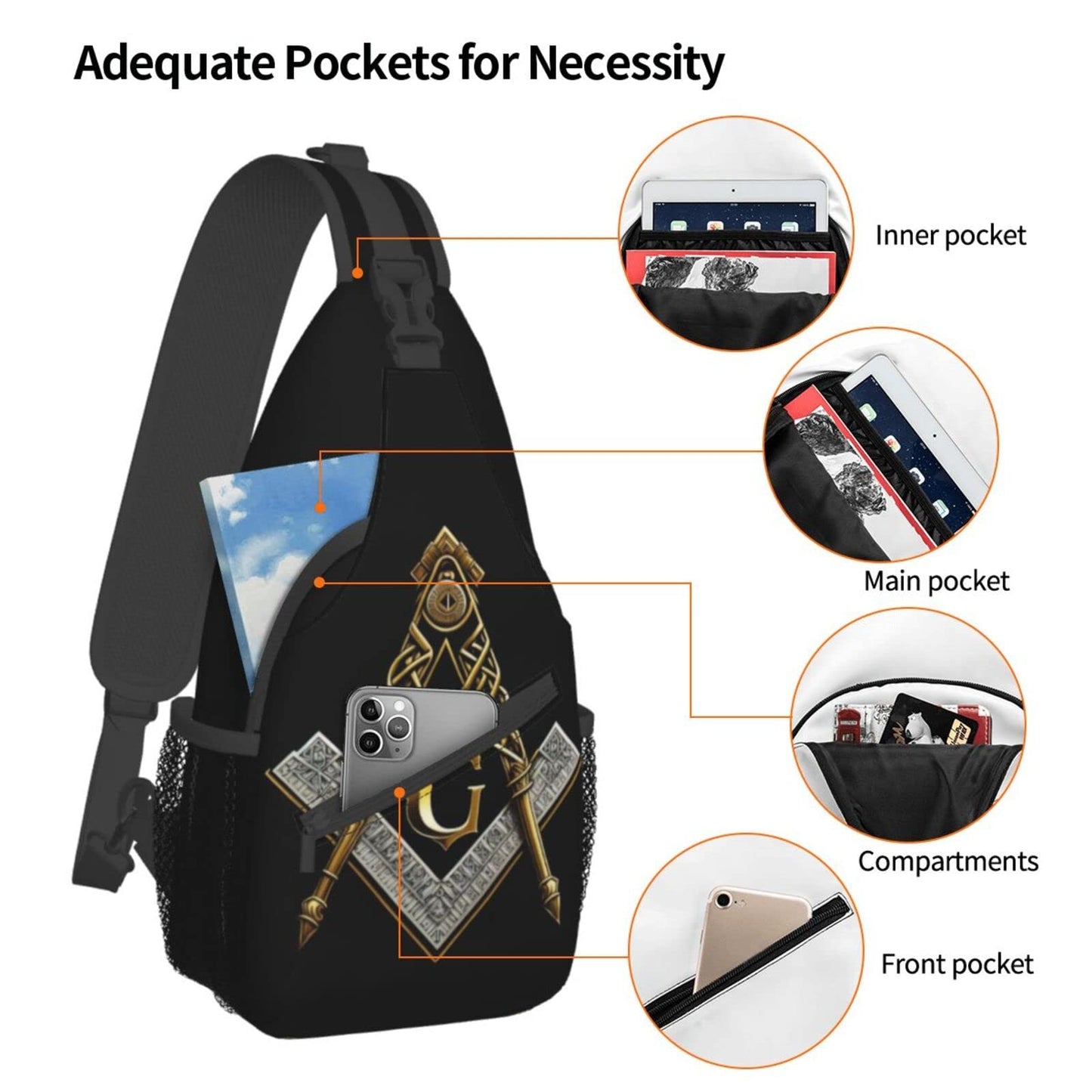 FYCFSLMY Master Mason Masonic Hiking Daypacks Cross-body Sling Backpack for Men Women Outdoor Cycling Hiking Travel