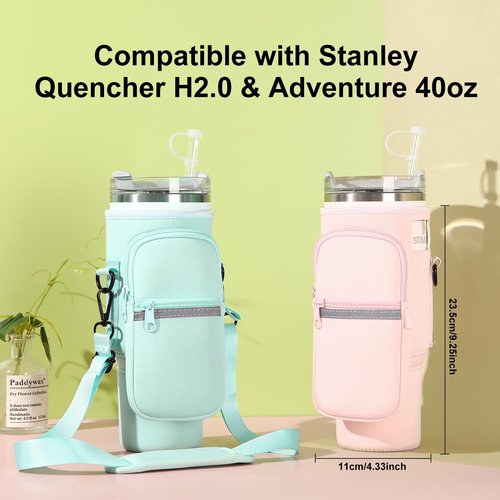 Water Bottle Holder with Strap for Stanley 40oz Tumbler with Handle, Water Bottle Carrier Bag with Phone Pocket, Tumbler Accessories for Stanley, Water Bottle Sleeve for Walking Hiking Camping(Blue)