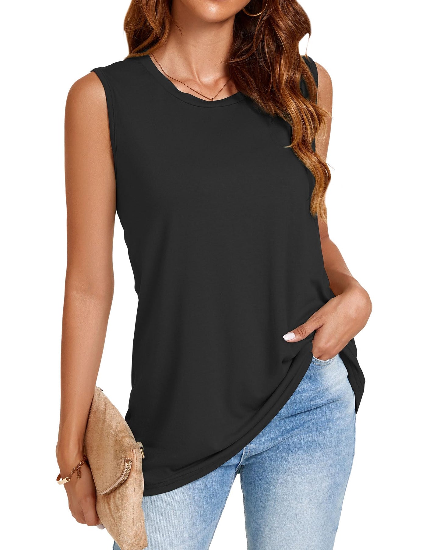 Tank Top for Women Crew Neck Sleeveless Summer Tops Solid Color Casual Loose Fit Dressy Tshirts(Black, M)