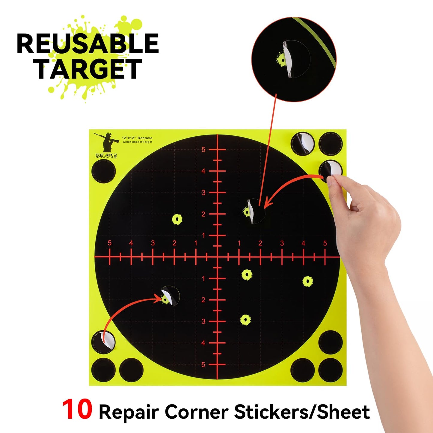 GearOZ Sight in Splatter Target 12'' Self Adhesive Recticle Shooting Targets for Shooting Range & Zeoring Scope, Instant Yellow Impact for BB Gun, Pellet Gun, Airsoft, Rifle Shooting Practice, 10PCS