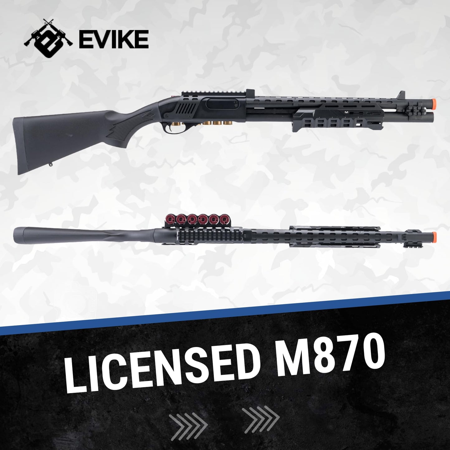 Evike Airsoft - EMG Strike Industries Licensed M870 Gas Powered Pump Action Airsoft Shotgun w/MLOK H-Guard by Golden Eagle (Color: Black)