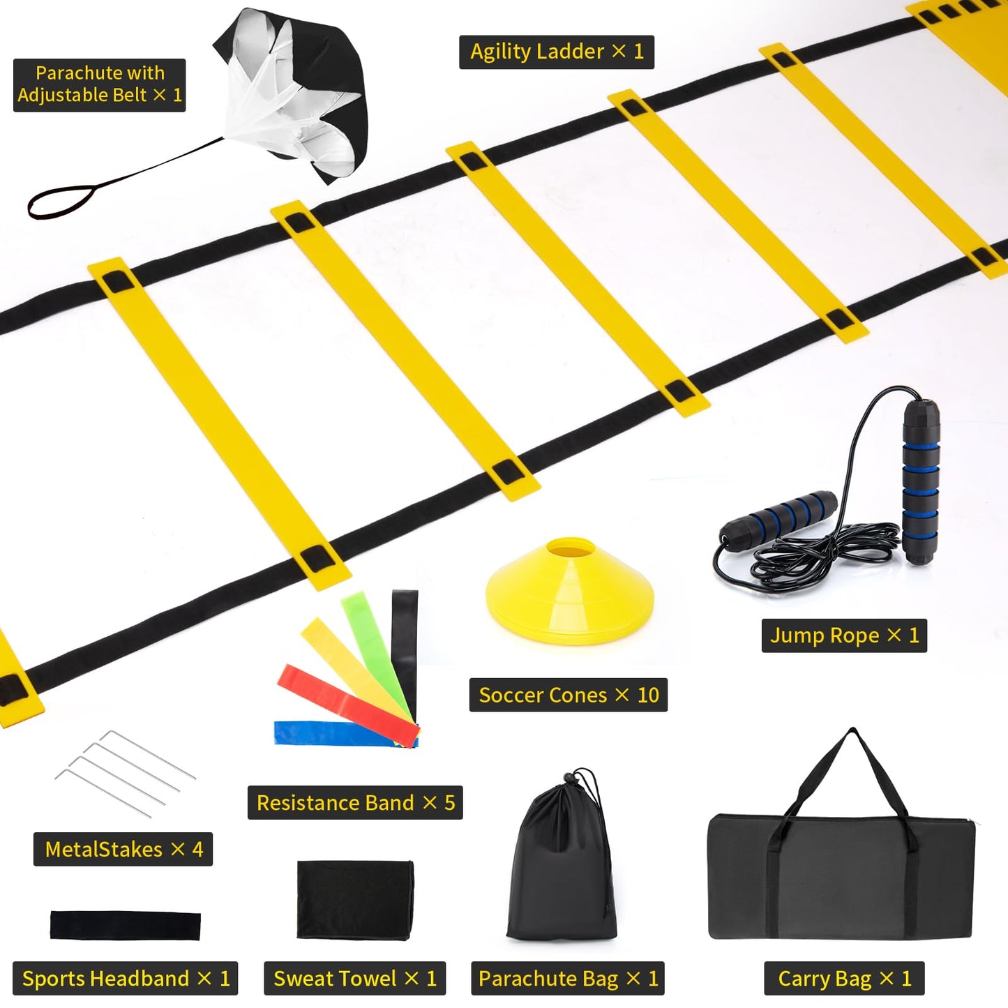 9TH SHOP Speed Ladder Agility Ladder, Football Training Equipment Set-20feet 12 Rungs Speed Ladder,10 Disc Cones, Resistance Parachute, Jump Rope, 4 Resistance Bands