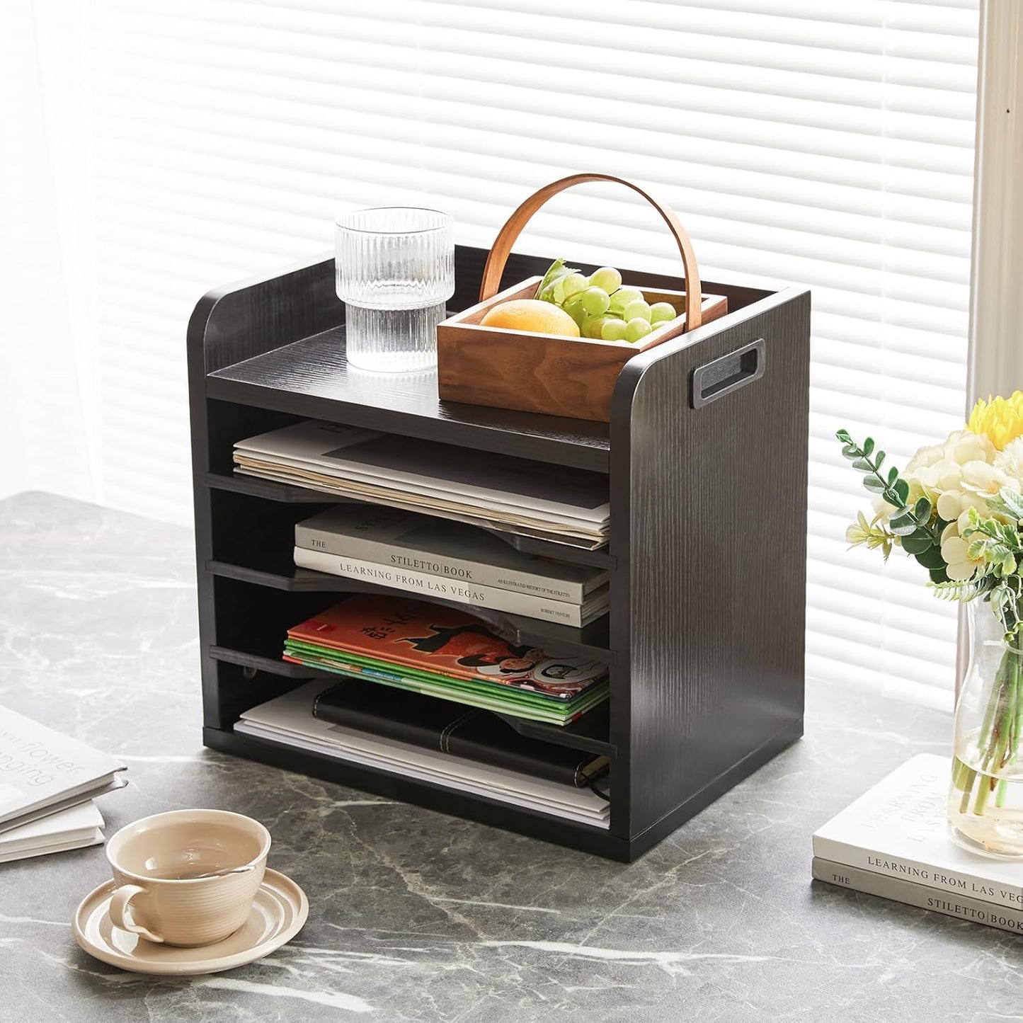 YMYNY Desktop File Organizer with Handle, Document Letter Mail Tray Sorter with 3 Adjustable Shelves, 5 Tiers Paper Holder for School Home Office Desk, Rustic Brown,13.4 * 12.4 * 9.06" UHBC006H