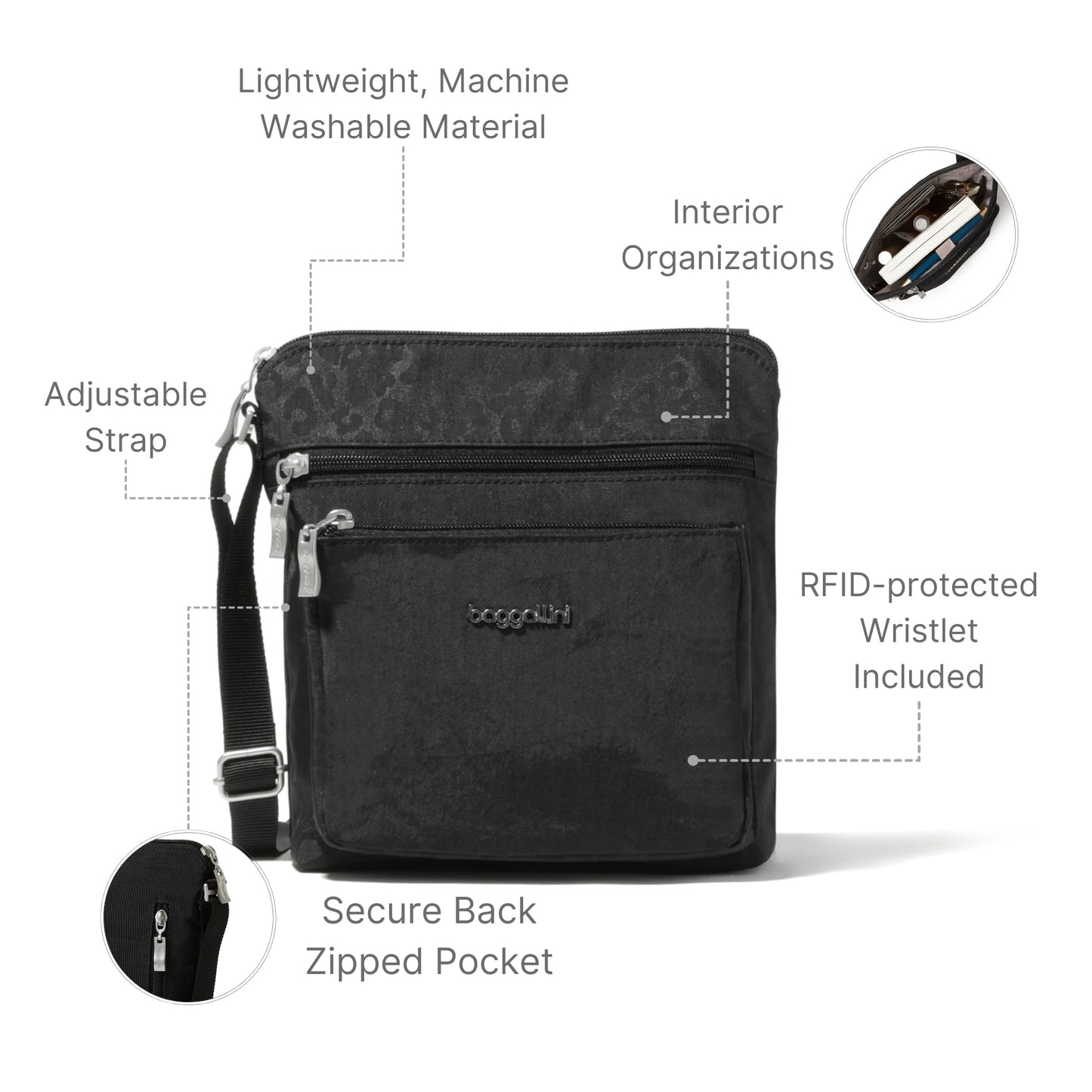 Baggallini Pocket Crossbody Travel Bag, Black Cheetah, One Size