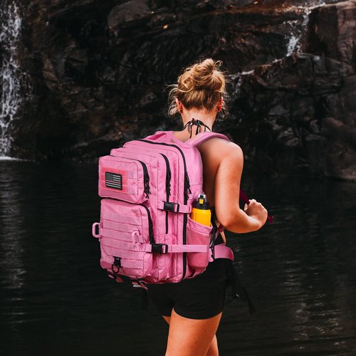 Hannibal Tactical 45L MOLLE Assault Backpack, Tactical Backpack Military Army Camping Rucksack with Bottle Holder, 3-Day Pack Trip w/USA Flag Patch, D-Rings, Pink
