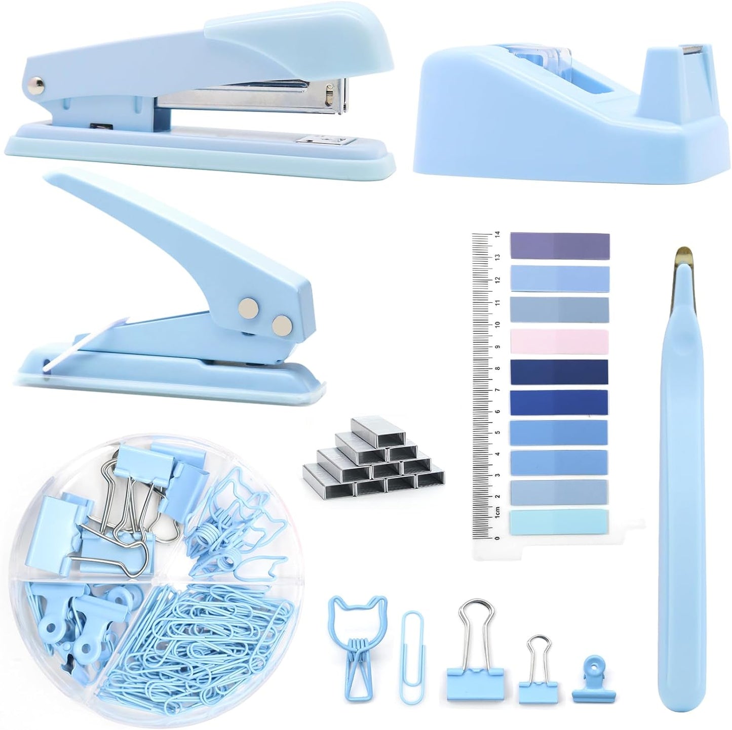 White Office Supplies, UPIHO White Desk Accessories, Stapler and Tape Dispenser Set for Women with Stapler,Tape Dispenser, Staple Remover, Staples,Scissor and Tabs for Students Office Clerks