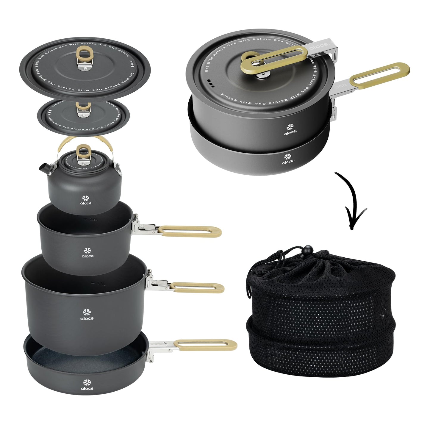 Alocs Portable Camping Cookware - Upgraded Handle, Non-Stick Camping Pan Set for Outdoor Kitchen, Picnic, Hiking and Fishing