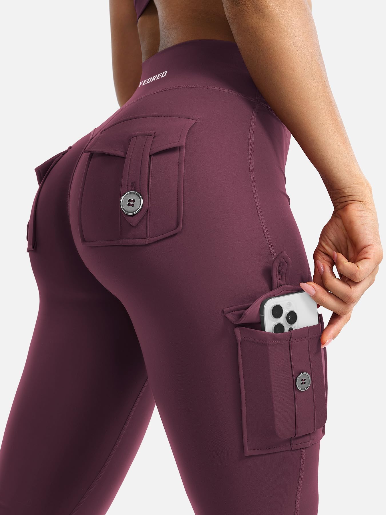 YEOREO CoreFlex Women Workout Flare Leggings with Pockets Hidden Scrunch Cargo Gym Yoga No Front Seam Leggings Black Cherry S