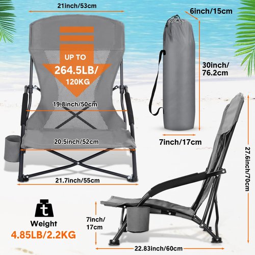 Menkxi 6 Pack Low Beach Chairs for Adult Portable Travel Compact High Back Sling Folding Beach Chair with Cup Holder Carry Bag for Lawn Sand Concerts Outdoor Camping BBQ Picnic Festival(Dark Grey)