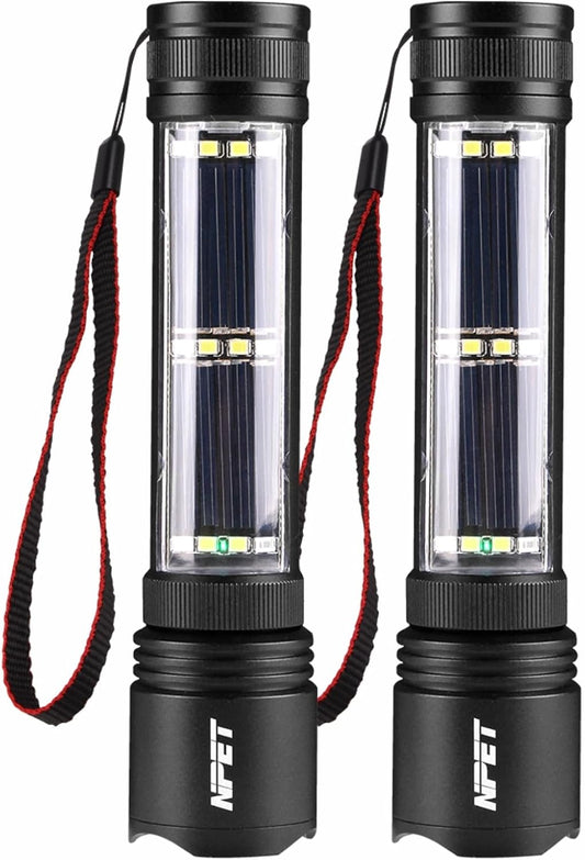 NPET T10 Car Flashlight 500 Lumens LED COB Light Solar Powered USB Rechargeable Tactical Multi-Function Torch Tool with 120dB Siren Window Breaker Seat Belt Cutter Compass for Camping