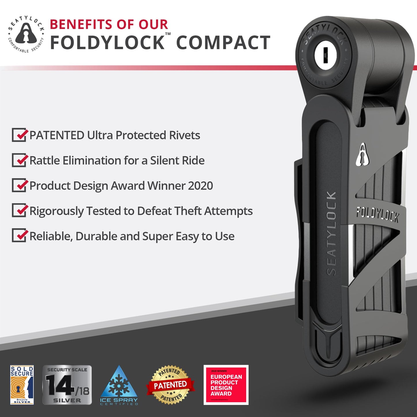 Seatylock FoldyLock Compact Folding Bike Lock - Award Winning Patented Lightweight High Security Bicycle Lock - Heavy Duty Anti Theft Smart Secure Guard with Keys & Case for Bikes or Scooters