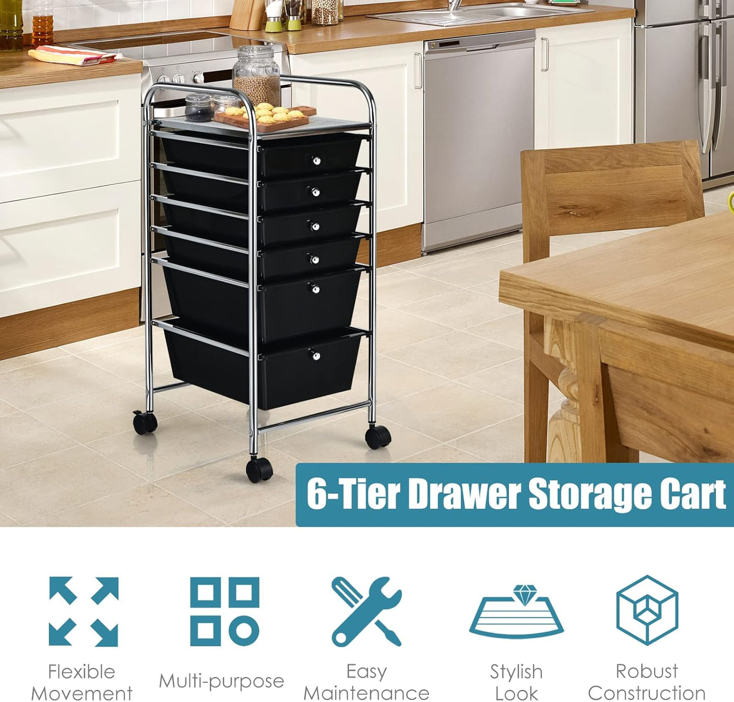 RELAX4LIFE 6-Drawer Rolling Storage Cart - Classroom Organization on Wheels w/Removable Plastic Drawers, Mobile Art Craft Cart for School Paper Home Office, Utility Cart with Drawers (Macaron)