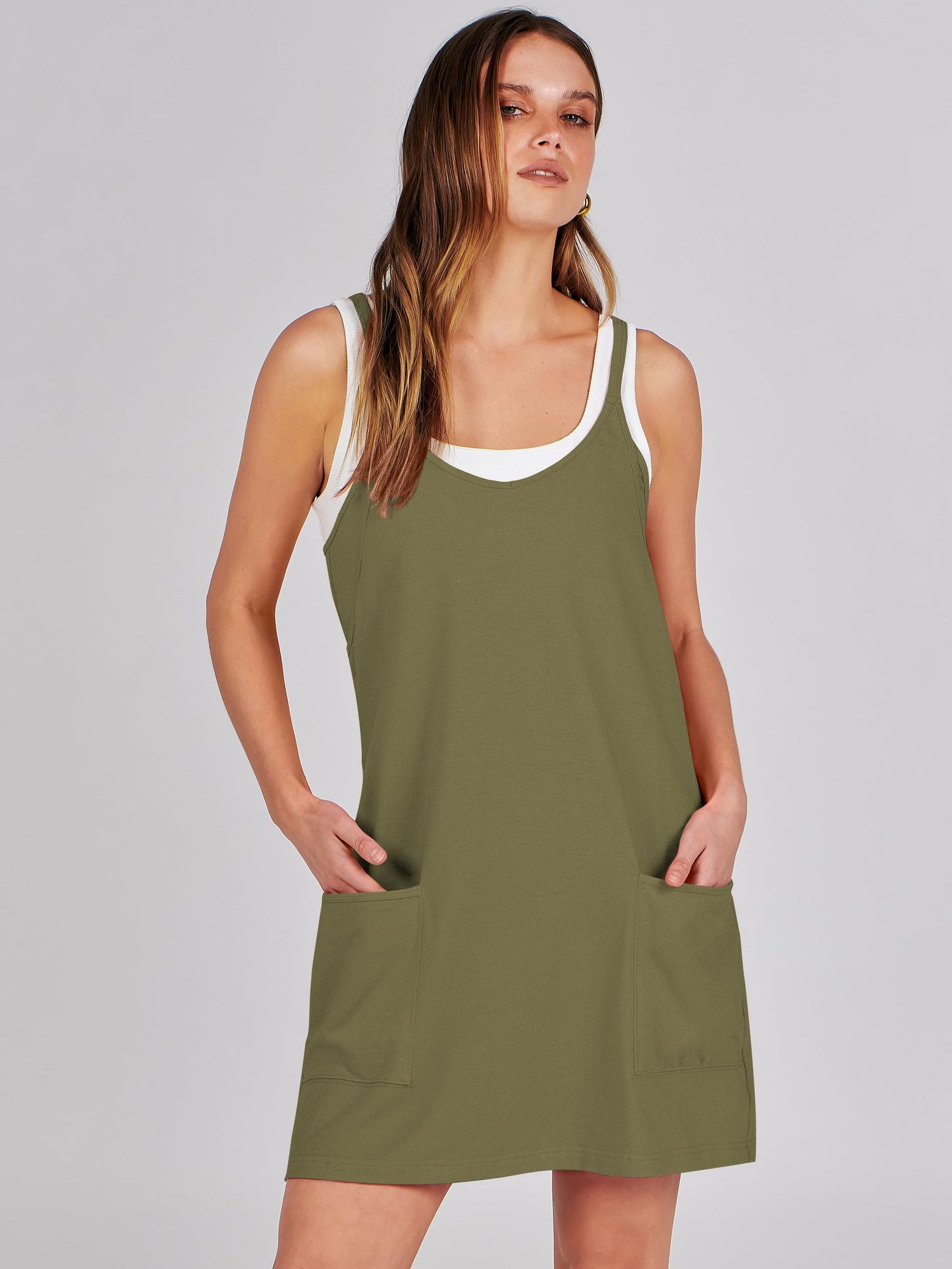 ANRABESS Women Athletic Dress Summer Tennis Workout Active Sports Mini Romper Dress Built in Shorts Travel Vacation Clothes Army Green Large