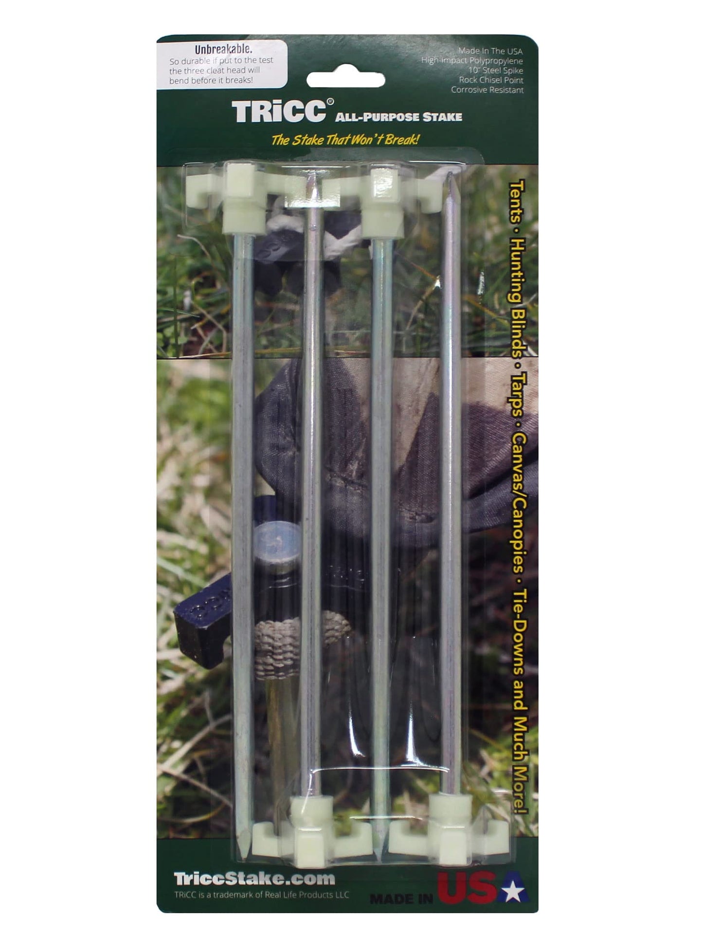 Tricc Unbreakable Heavy Duty Steel Tent/Canopy Stakes, Galvanized Non-Rust 10" Three Pegged Solid, Sturdy Stakes for Outdoor Trips, Camping, Hiking & Gardening. Made in The USA (Glow in The Dark)