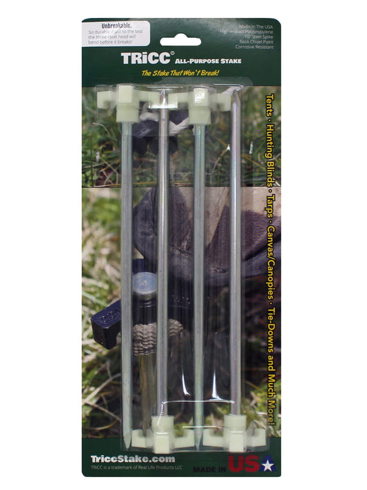 Tricc Unbreakable Heavy Duty Steel Tent/Canopy Stakes, Galvanized Non-Rust 10" Three Pegged Solid, Sturdy Stakes for Outdoor Trips, Camping, Hiking & Gardening. Made in The USA (Glow in The Dark)