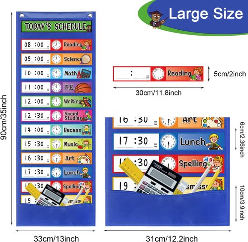 Daily Schedule Pocket Chart Kit,40 Bright Attractive Double-Sided Reusable Erasable Cards,1 Title Card,13+1 Scheduling Pocket Chart with 2 Hangers for Classroom Office Home Preschool Learning (Blue)