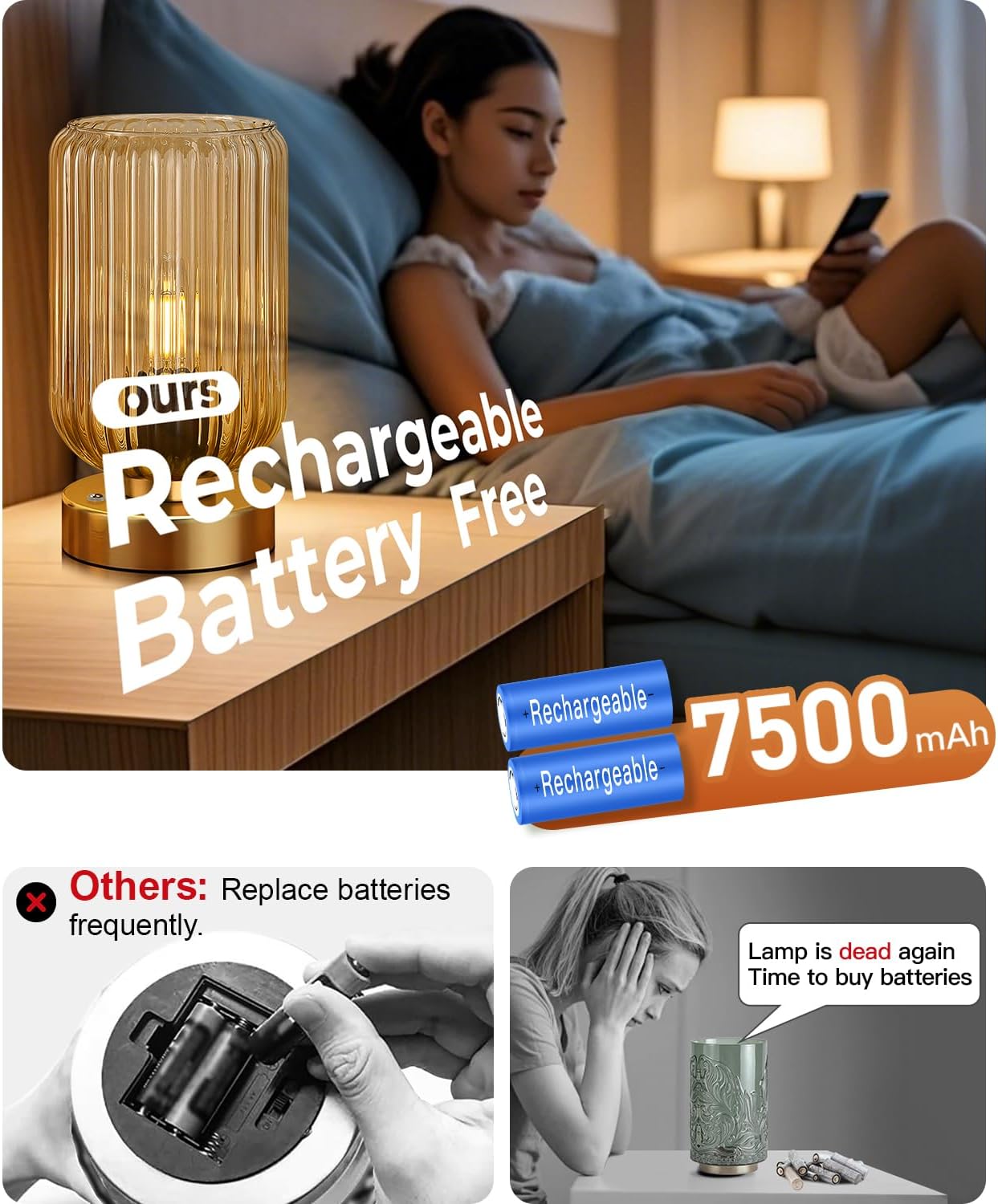 Touch Table Lamp for Nightstand - Small Bedside Lamps for Night Stands Bedroom Living Room, Dimmable Rechargeable Desk Lamp Battery Operated with Clear Glass Shade, Bulb Included