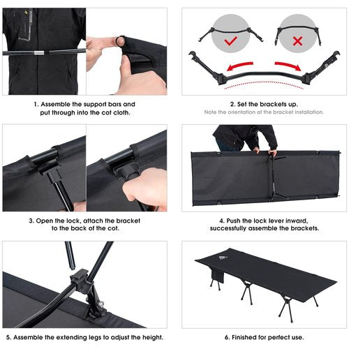 YOUGYM CAMPNACHT Ultralight Camping Cot with Leg Extenders, Aluminum Lightweight Folding Cot for Adults, Portable Backpacking Compact Tent Cot for Outdoor, Hiking, 1 Pack with 2 Use Modes, Black