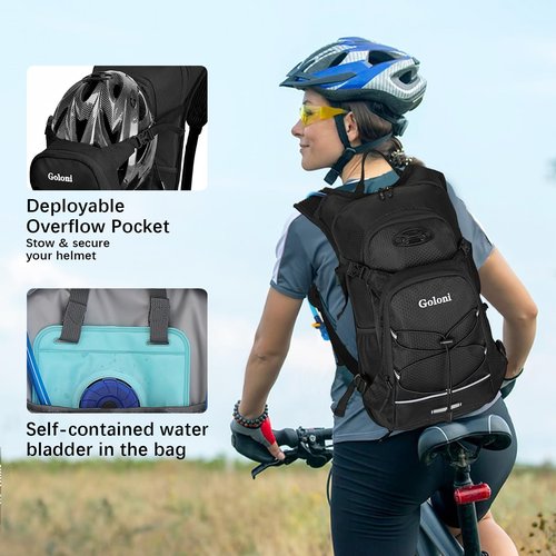 Goloni Hydration Hiking Backpack, 22L, Black, Unisex, Modern, Water Resistant, 6 Pockets, 5.5" x 11" x 18.5", Perfect for Hiking, Running, Sports