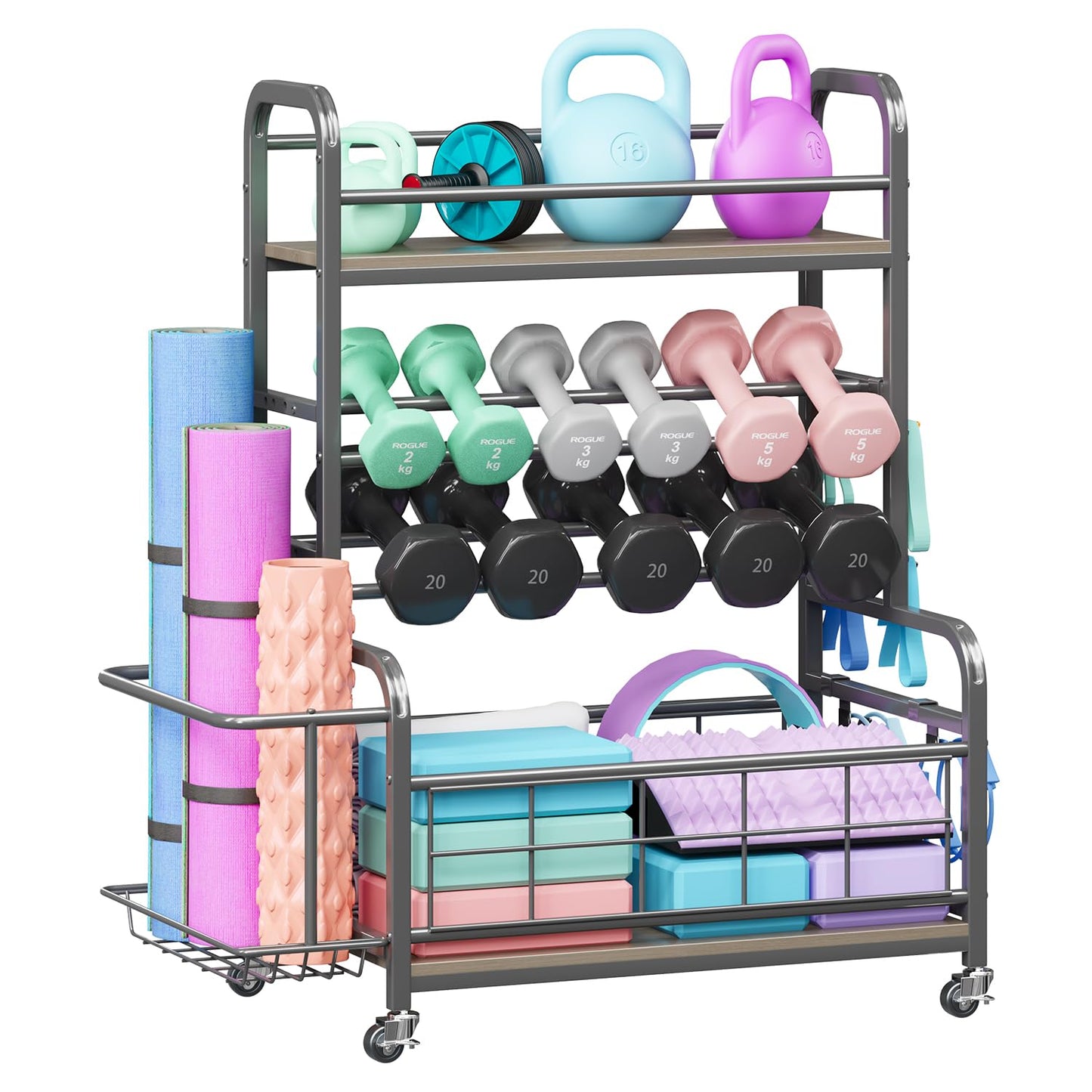 Homeiju Dumbbell Rack,Weight Rack for Home Gym, Home Gym Storage for Dumbbells Kettlebells Yoga Mat and Strength Training Equipment,Weight Storage Rack for Dumbbells with Wheels&Hooks(Grey)