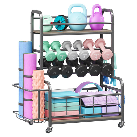 Homeiju Dumbbell Rack,Weight Rack for Home Gym, Home Gym Storage for Dumbbells Kettlebells Yoga Mat and Strength Training Equipment,Weight Storage Rack for Dumbbells with Wheels&Hooks(Grey)