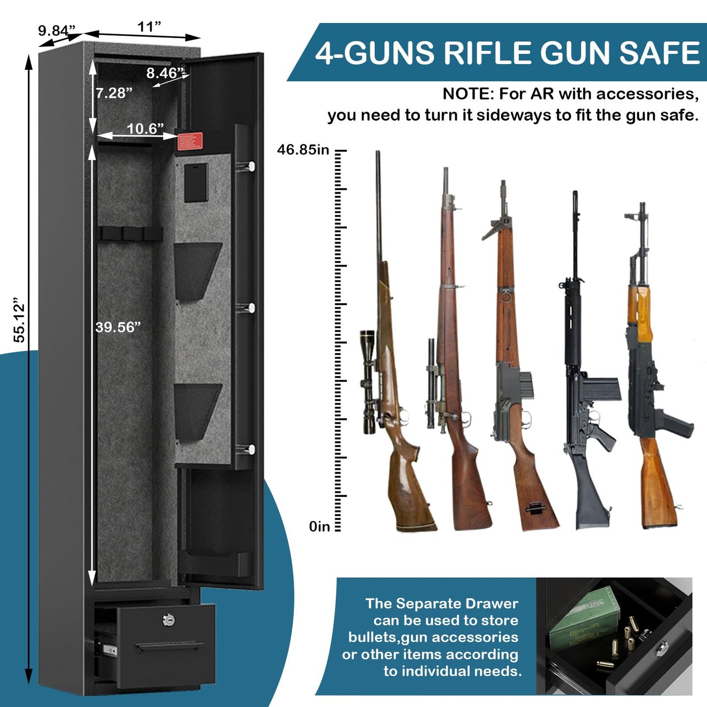 Gun Safe for Rifles and Pistols Gun Safes for 4 Rifles Gun Cabinet for Rifles and Shotguns Steel Rifle Safes for Home Clearance Gun Safe Gun Safes & Cabinets with Drawer Removable Shelf Gun Rack
