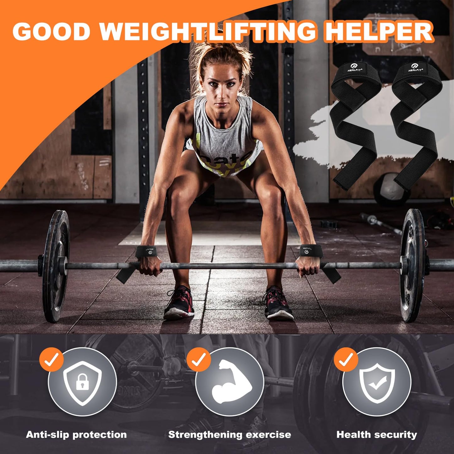 NEALFIT Lifting Straps for Weightlifting, Wrist Straps for Weightlifting, Deadlifts, Bodybuilding, Strength Training, Weight Lifting Straps for Men&Women (Black)