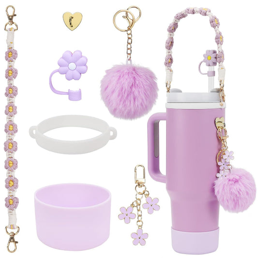 7Pcs Accessories Set for Stanley Cup 40 oz 30 oz, Water Bottle Handle Strap, Siliocne Cup Boot, Flower Straw Cover, Charms for Stanley - Purple