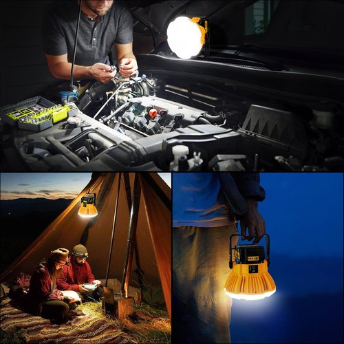 GRVODFRTA 2400LM LED Camping Lantern Light for Dewalt 18V 20V MAX Battery, 3 Adjustable Brightness Cordless Portable LED Work Light Floodlight with Hook for Tent Jobsite Ceiling Light(No Battery)