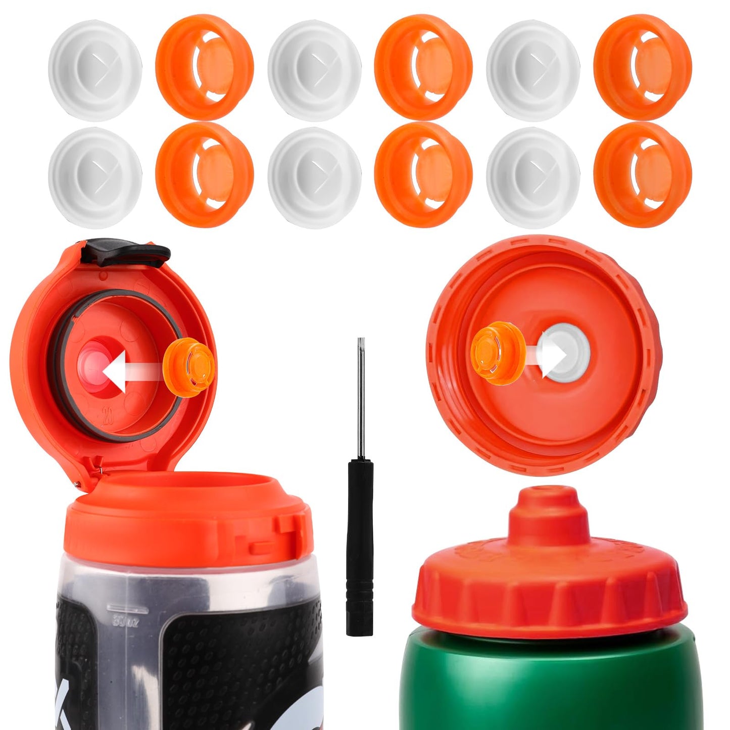 6pcs Dispensing Rubber Valves Compatible with Gatorade Water Bottle, Silicone Valve Replacement Lid for Gatorade GX 30oz & Squeeze Bottle 32oz No Leak BPA-Free Plastic Inserts & Screwdriver (Orange)