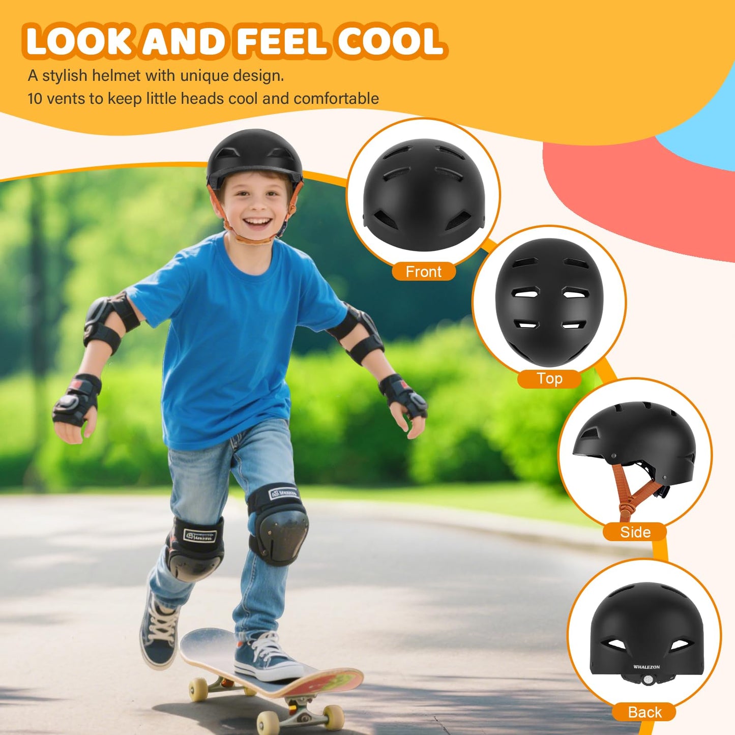 WHALEZON Kids Bike Helmet Ages 3-5-8-14, CPSC ASTM CPSIA Certified Toddler Helmet-Boys Black