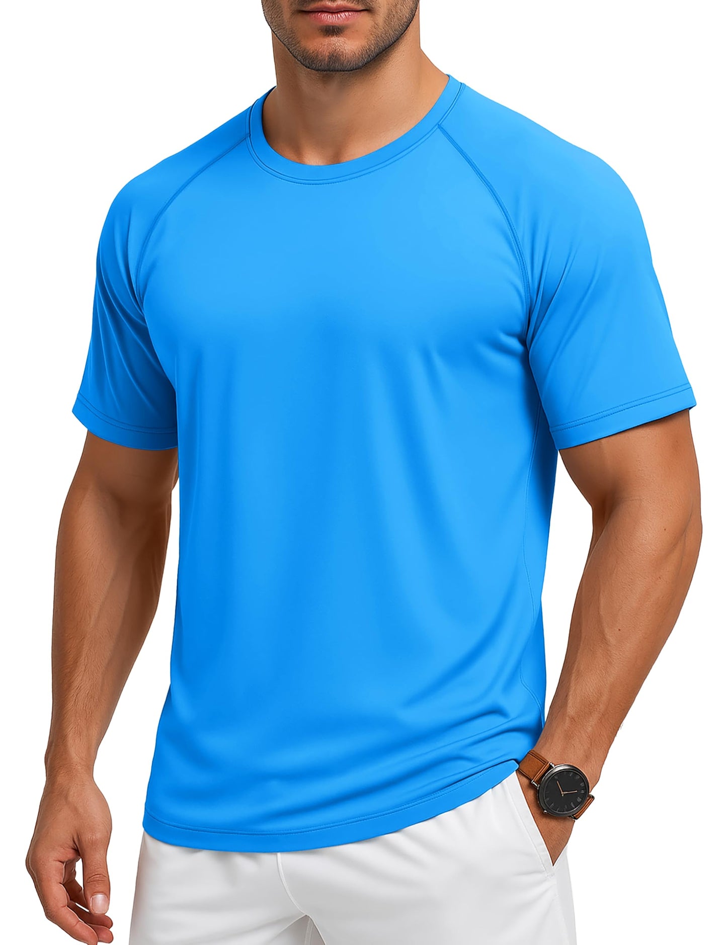 MAGCOMSEN Mens Quick Dry Sun Shirt UPF 80+ Short Sleeve Shirts UV Protection Rash Guard for Swimming Azure, M