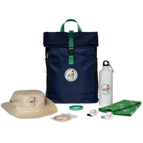 PILGRIM'S BACKPACK, Pilgrim's Backpack Kit in RPET Fabric Complete with Accessories, Capacity 28 litres, Official Jubilee Product 2025, blue, Taglia unica, S4G01BK