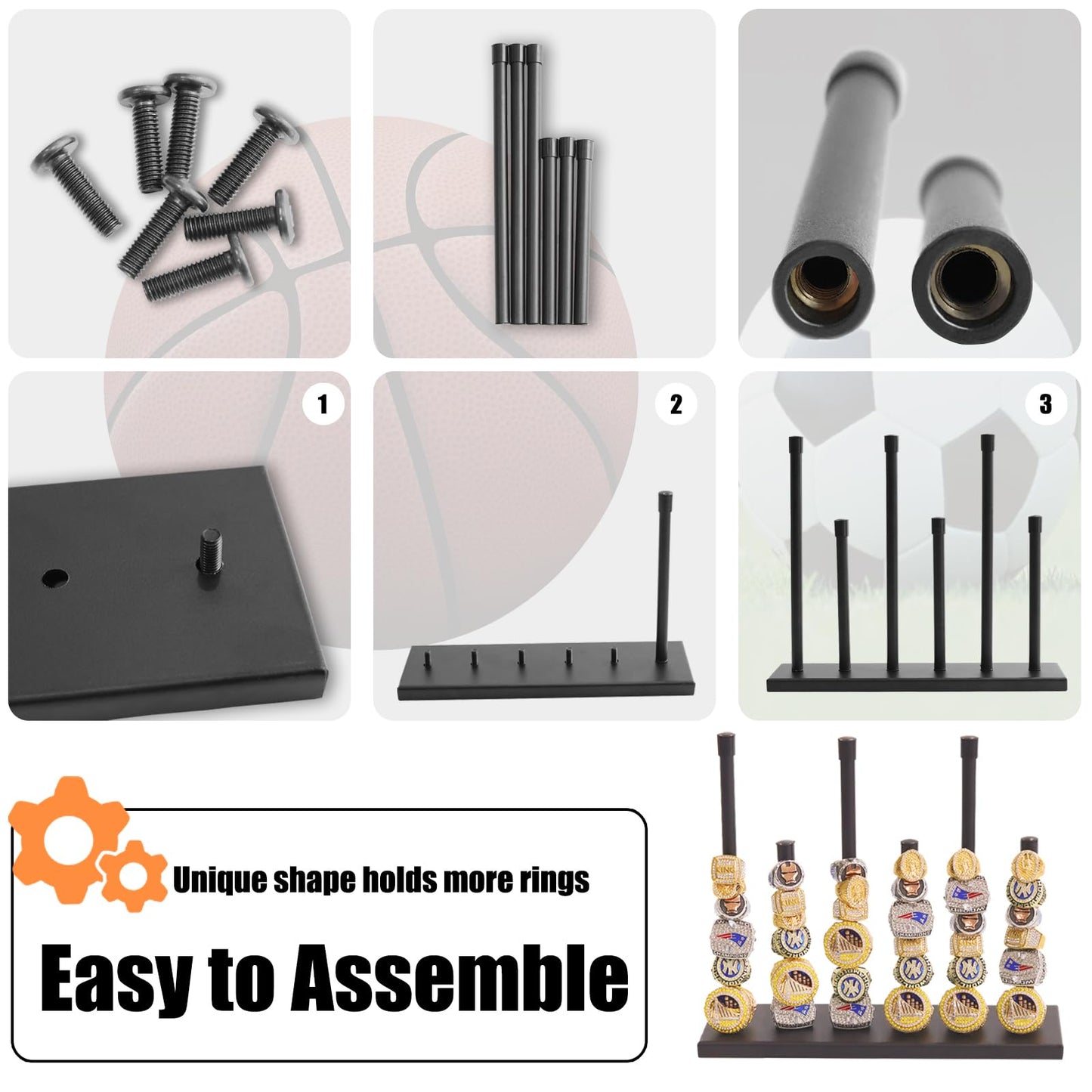 Gavinjitao Champion Ring Display Holder,Baseball Ring Holder Metal Championship Sports Jewelry Rack 6 Pillars Display Rack for Storing Baseball, Basketball, Softball Champion Souvenirs Black