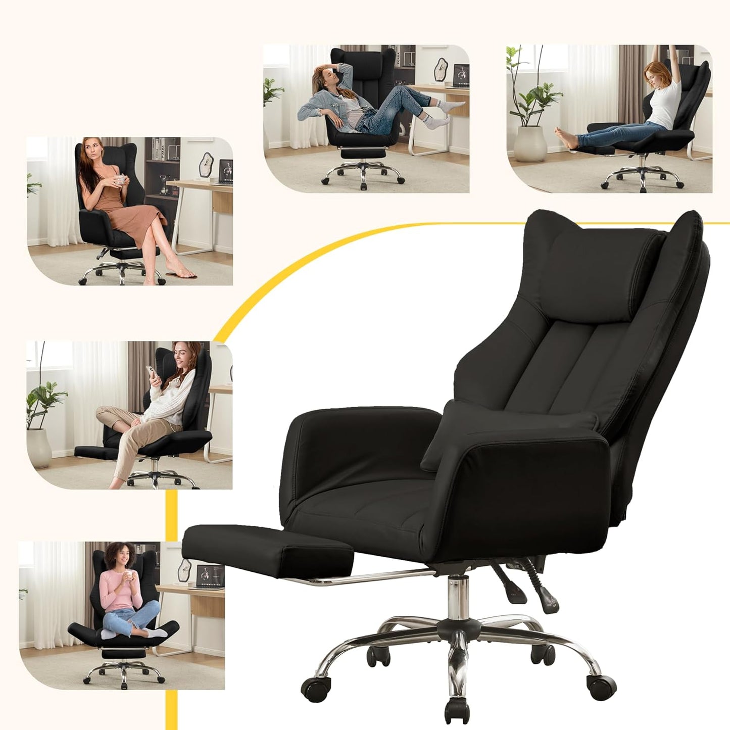 Ergonomic Cross Legged Office Chair with Footrest,Leather Big and Tall Executive Chair with Wheels,Reversible Armrest and Lumbar Pillow,135° Reclining Computer Wide Desk Chair for Home,Office (Beige)