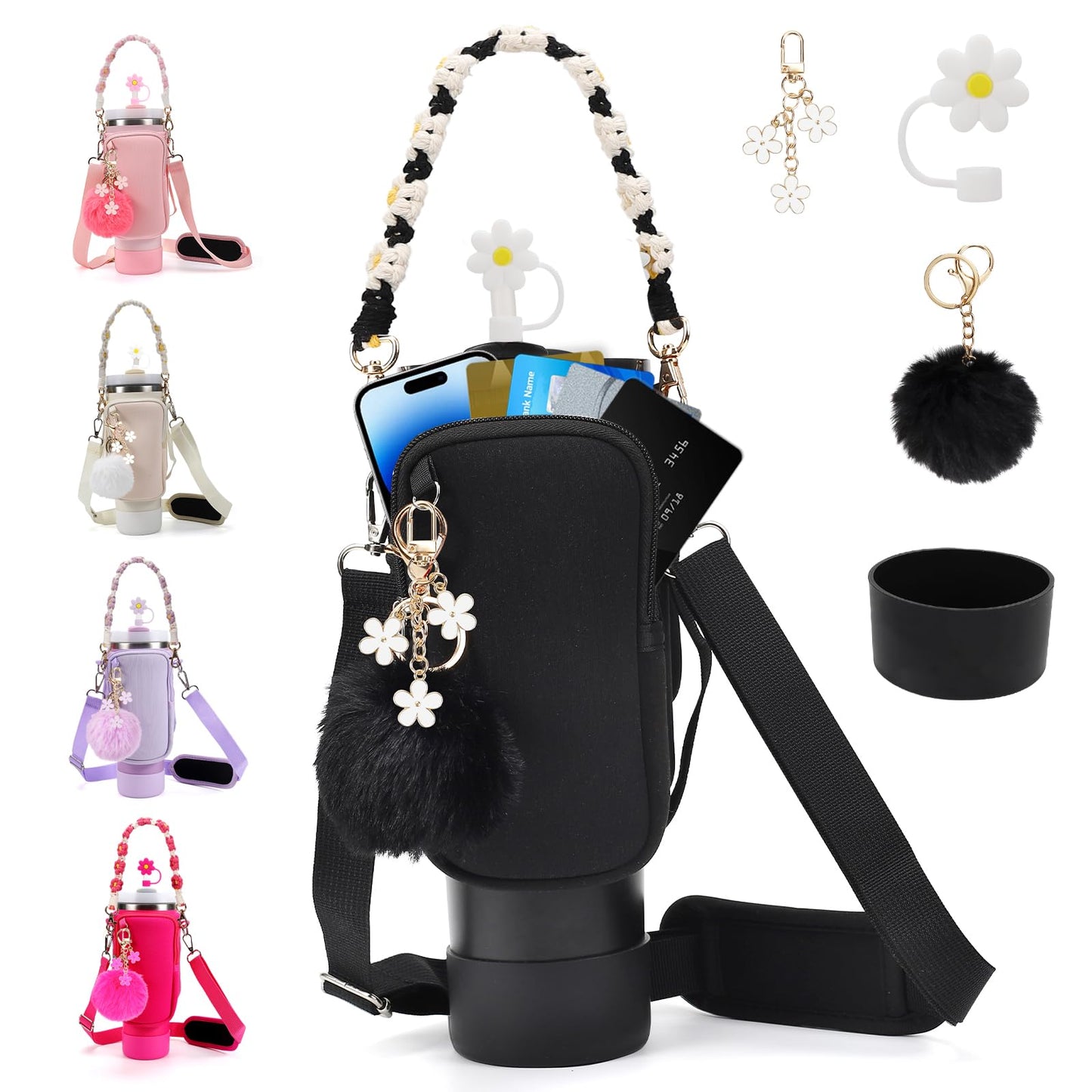 3tyto Stanley Cup Accessories Set Including Water Bottle Carrier Bag,Water Bottle Holder with Strap,Straw Cover, Charms,Silicone Boot for Stanley 40oz 30oz Tumbler (Black)