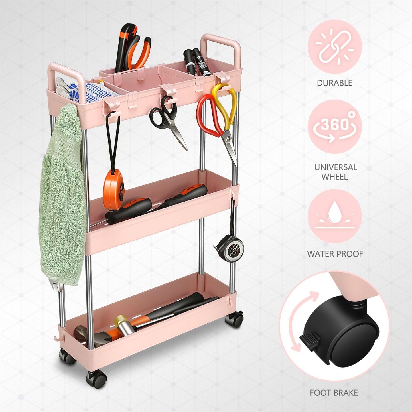 DNA MOTORING 3 Tier Slim Rolling Storage Cart, Plastic Utility Cart Organizer, Mobile Shelving Unit Utility Cart for Garage, Warehouse, Kitchen, Bathroom, Narrow Space, w/Wheel, White, TOOLS-00797-WH