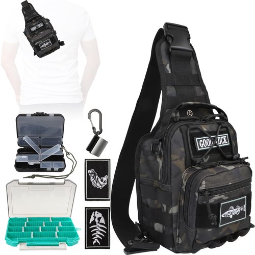 Dovesun Small Fishing Backpack, Fly Fishing Sling Pack Waterproof Backpack with Tackle Boxes | Rod Holder Shoudler Tackle Bag for Men Black
