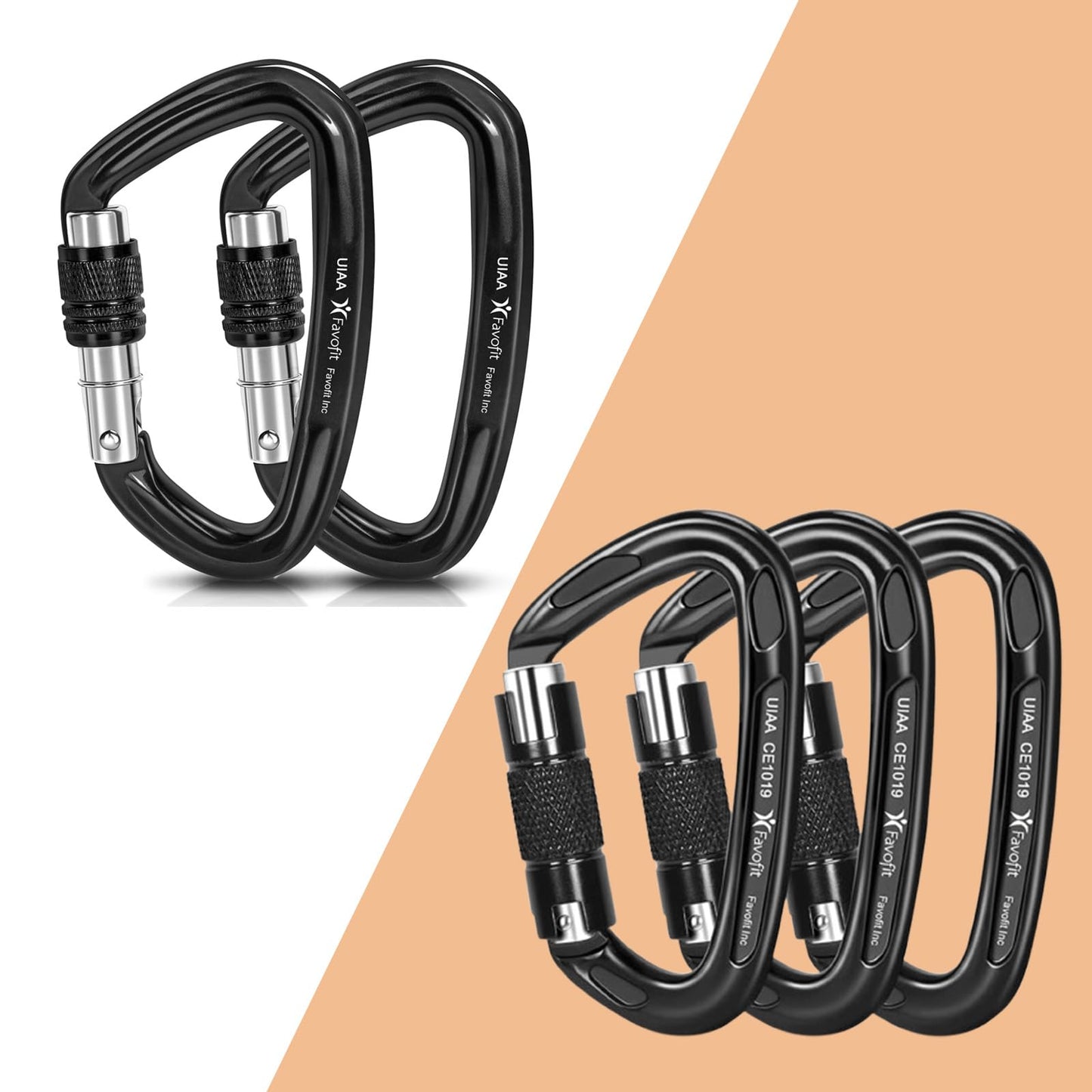 Favofit Locking Climbing Carabiner Heavy Duty UIAA Certified 42kn (9441 lbs) and 25kn (5620 lbs) Safety Caribeaner Clips - Large Rock Mountain Caribiniers for Rescue Firefighter