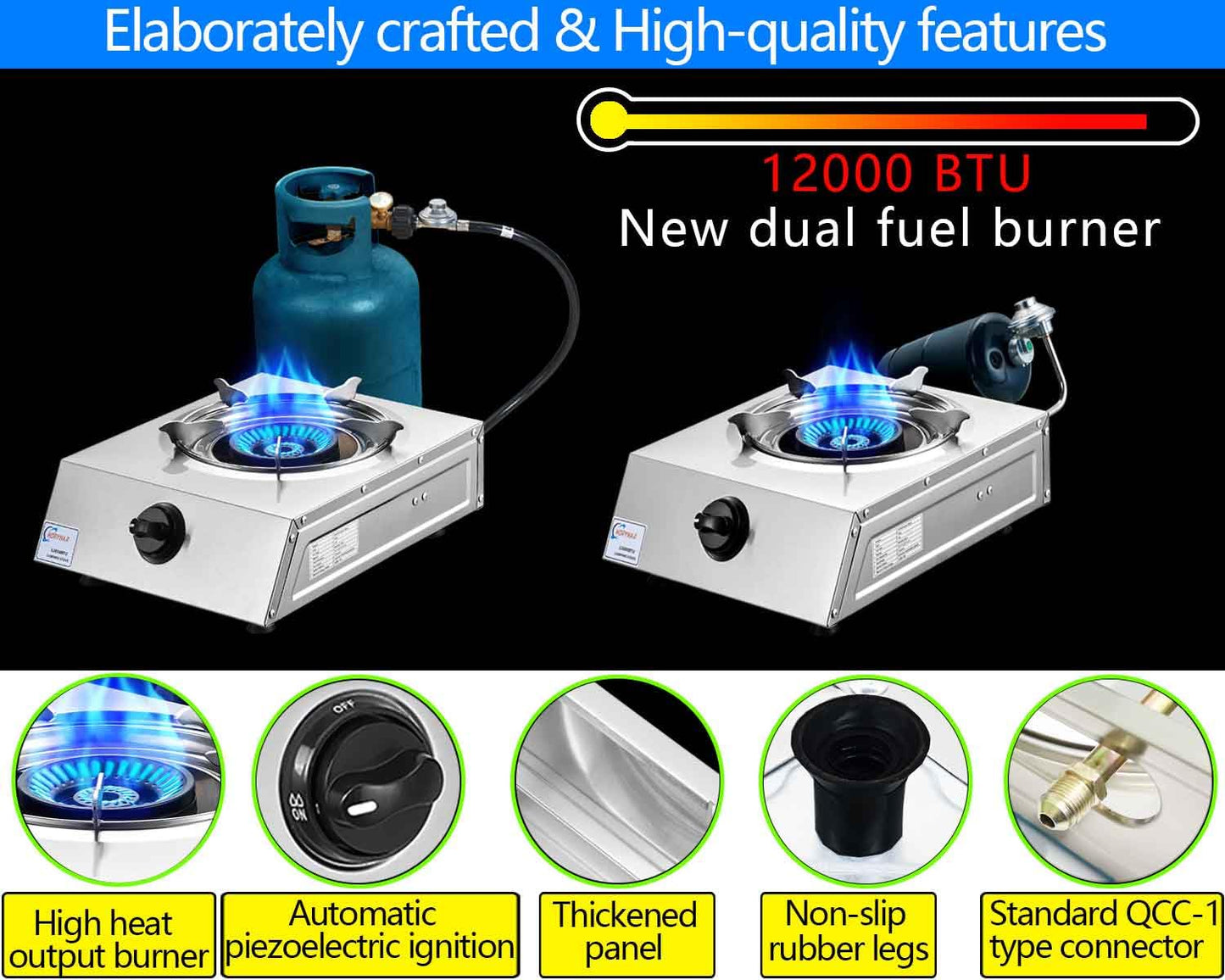 Horynar Propane Stove Single Burner Propane Stove 1 Burner 12,000 BTU Dual Fuel Auto Ignition with CSA Converter / QCC1 LPG Hose for Emergency Outdoor Cooking