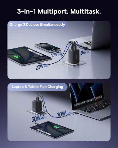 Baseus 100W USB C Charger Block, 3-Port Foldable Compact PPS Wall Charger, Fast Charging Power Adapter for MacBook Pro/Air, iPad, iPhone 16/15, Galaxy S24, Steam Deck & More