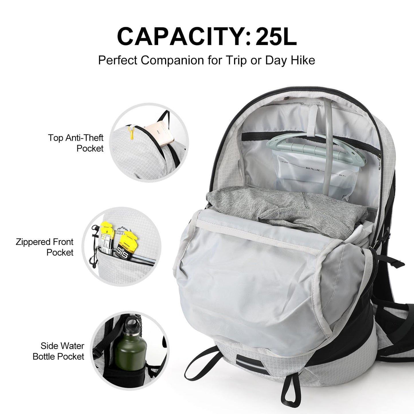 IX INOXTO Hydration Pack, 25L Hiking Backpack with 3L Water Bladder and Rain Cover, Lightweight Hydration Pack for Hiking, Cycling, Climbing, Camping (Grey)