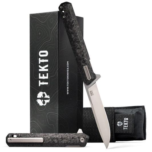 TEKTO F2 Bravo Folding Knife Pocket - D2 Steel Blade, Ceramic Ball Bearings - EDC - Snap, Swift Flip - Camping, Backpacking - 2.4oz (68g), Forged Carbon Handle, Silver Titanium Accents