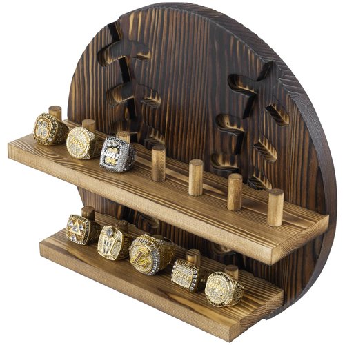 MyGift 2 Tier Rustic Burnt Wood Sports Championship Ring Holder with Baseball Cutout Backing, Wall Mounted Collectible Rings Jewelry Storage Display with 12 Pegs