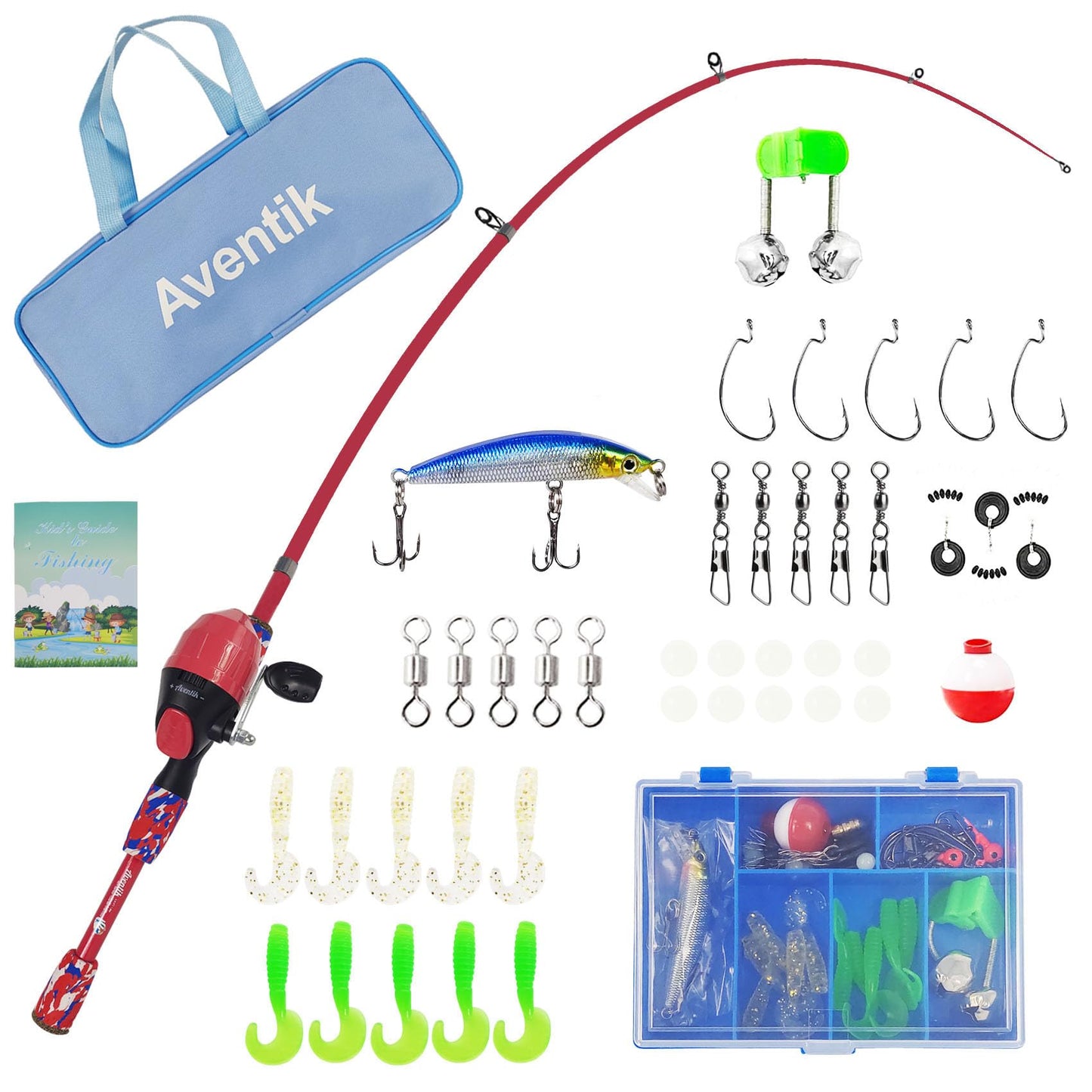 Aventik Kids Fishing Pole - Kids Fishing Starter Kit - with Tackle Box, Reel, Practice Plug, Beginner's Guide and Travel Bag for Boys, Girls (1.5M, Pink (Rod Kit))